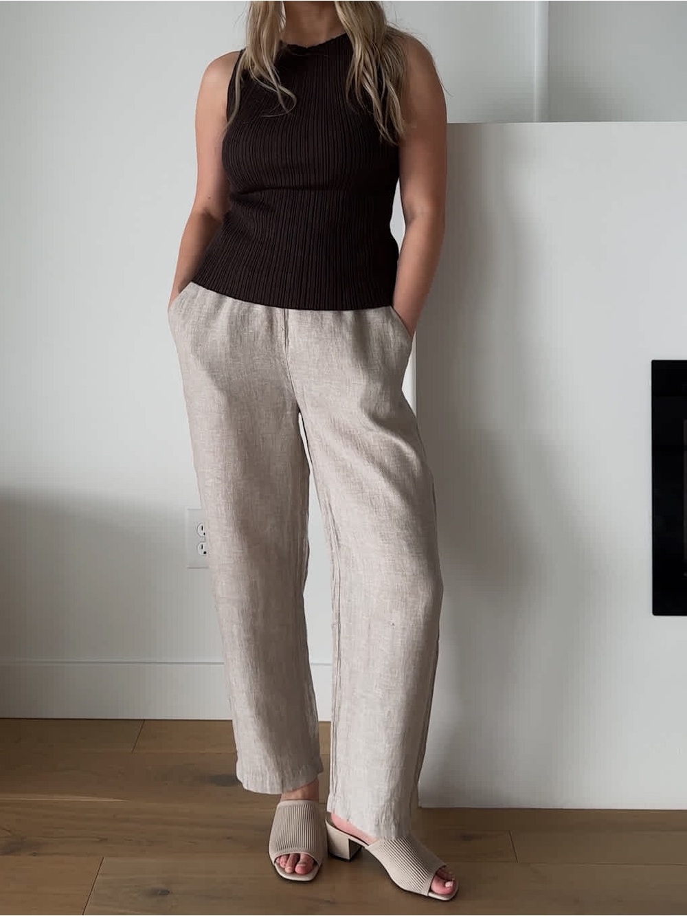 Quince flax linen straight leg pants lightweight relaxed elastic waist scandi M